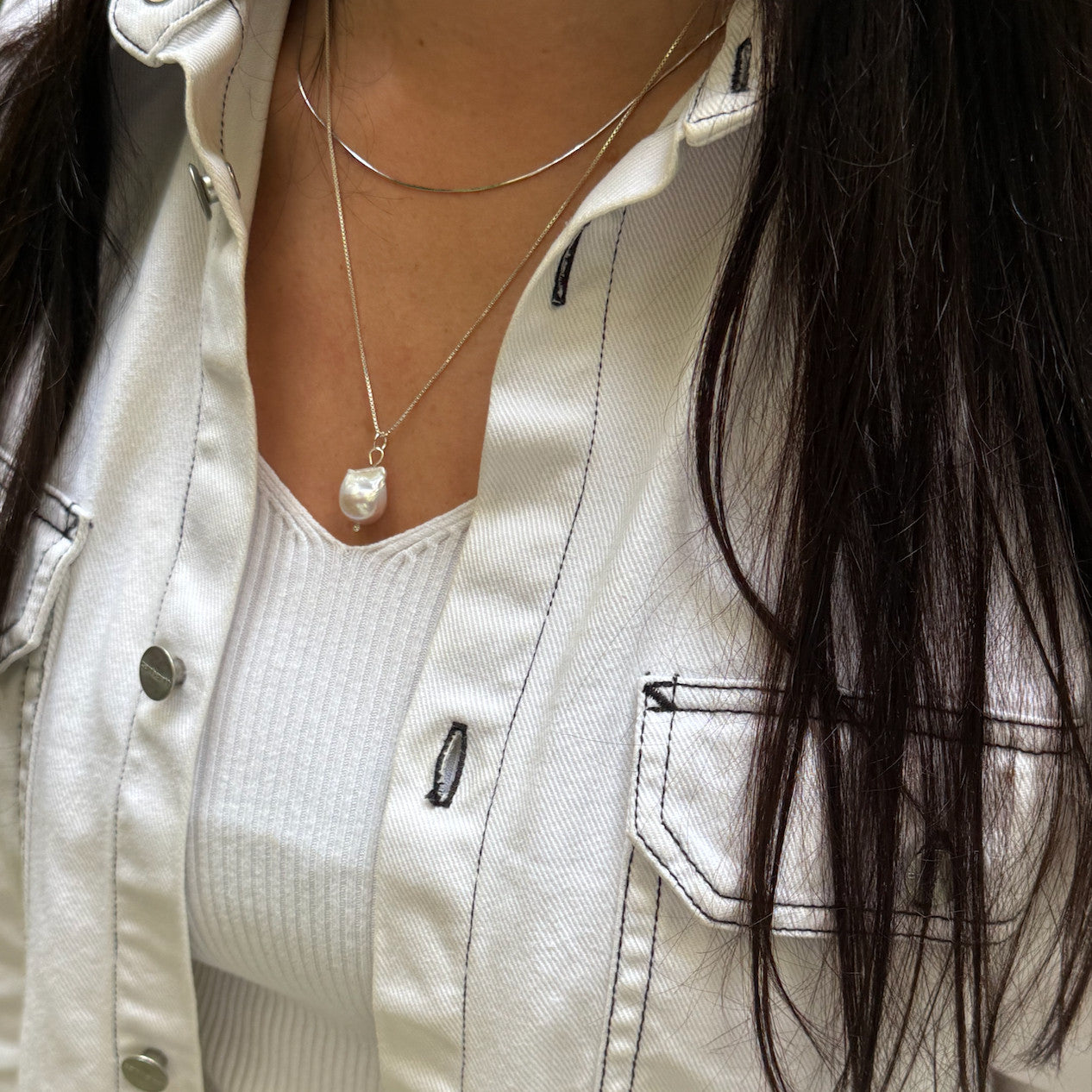 Zarte Silberkette mit großer Barokperle - Minimalistische Gliederkette mit Perlen Anhänger - Nooe UG
