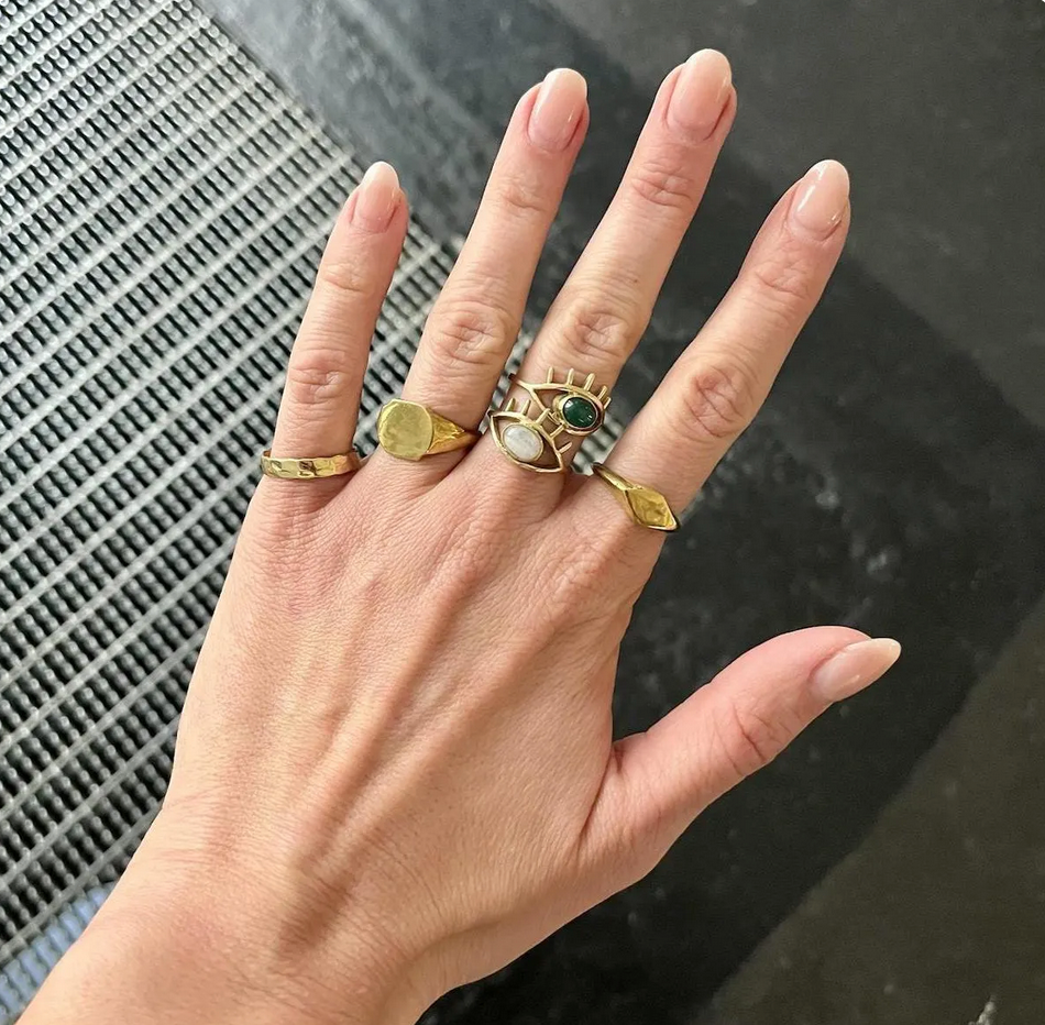 Schutz-Talisman Ring – Handgemachter Ring mit grünem Onyx & Evil Eye