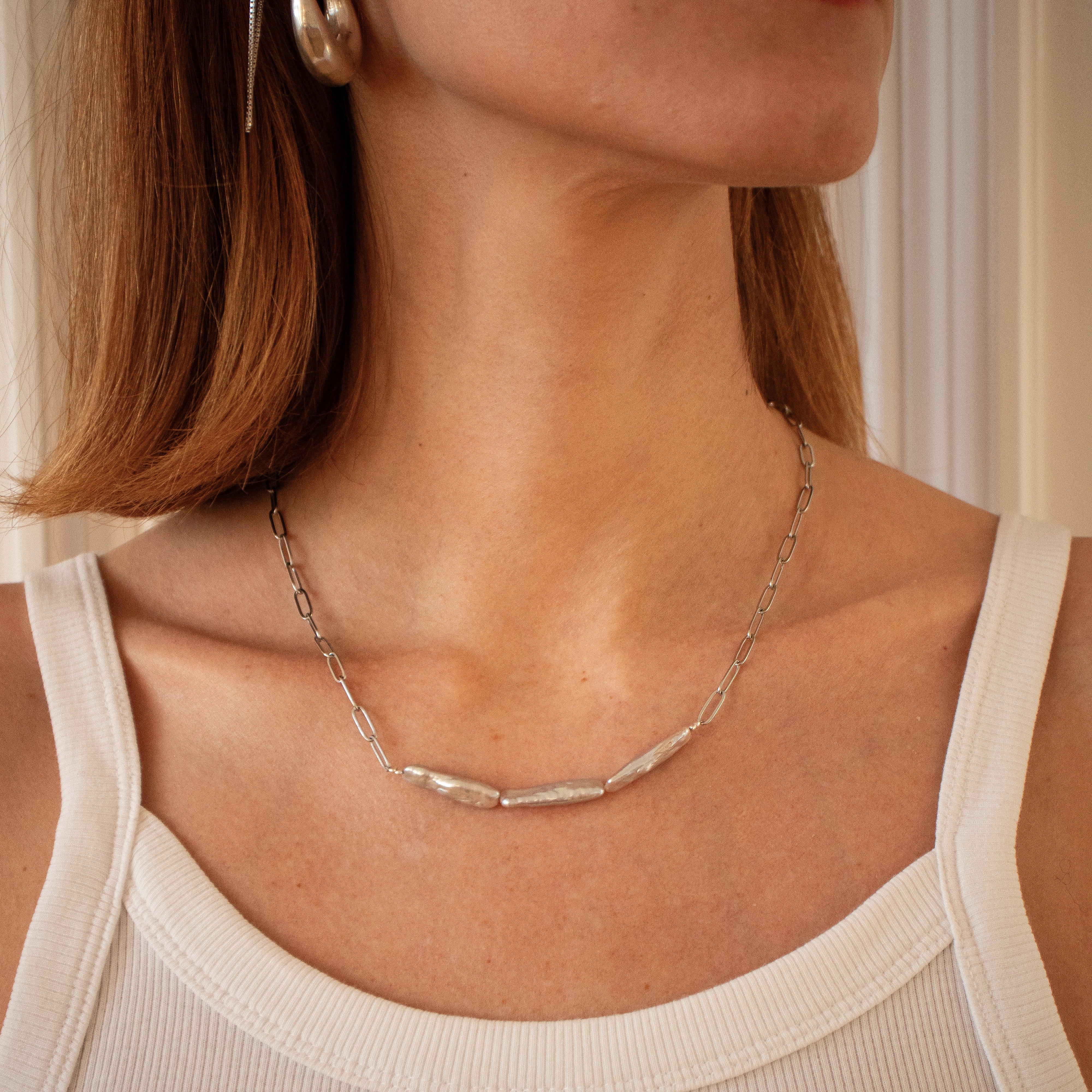 ++ Kette Gliederkette Edelstahl mit echten langen Süßwasserperlen Paperclip - Nooe UG