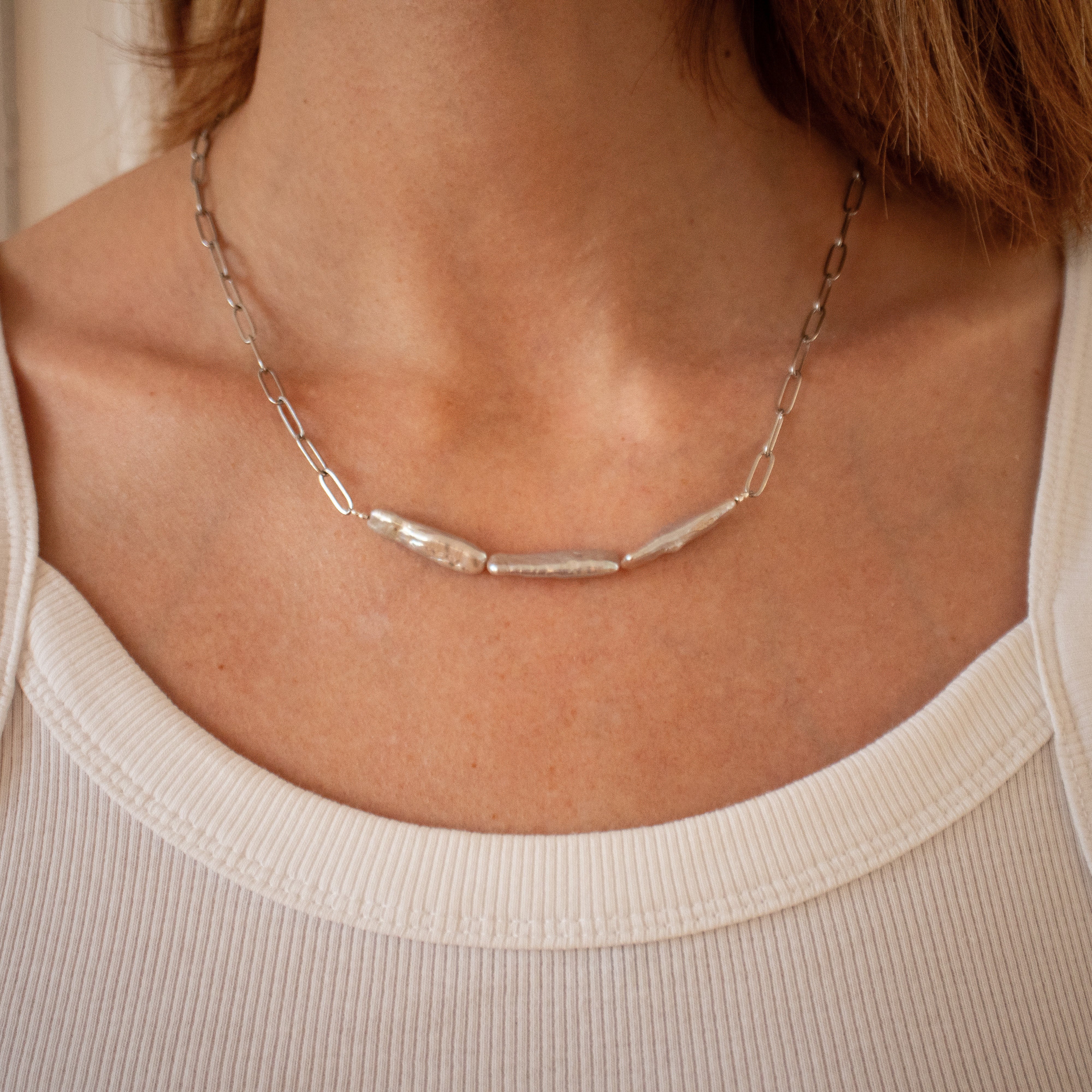 ++ Kette Gliederkette Edelstahl mit echten langen Süßwasserperlen Paperclip - Nooe UG