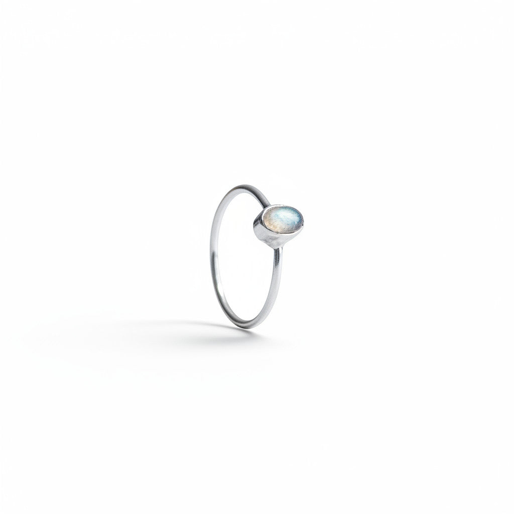Nooe UG delicate oval labradorite ring in 925 sterling silver, minimalist stackable design.