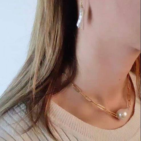 Paperclip Kette mit großer Perle gold Süßwasserperle - NooeBerlin