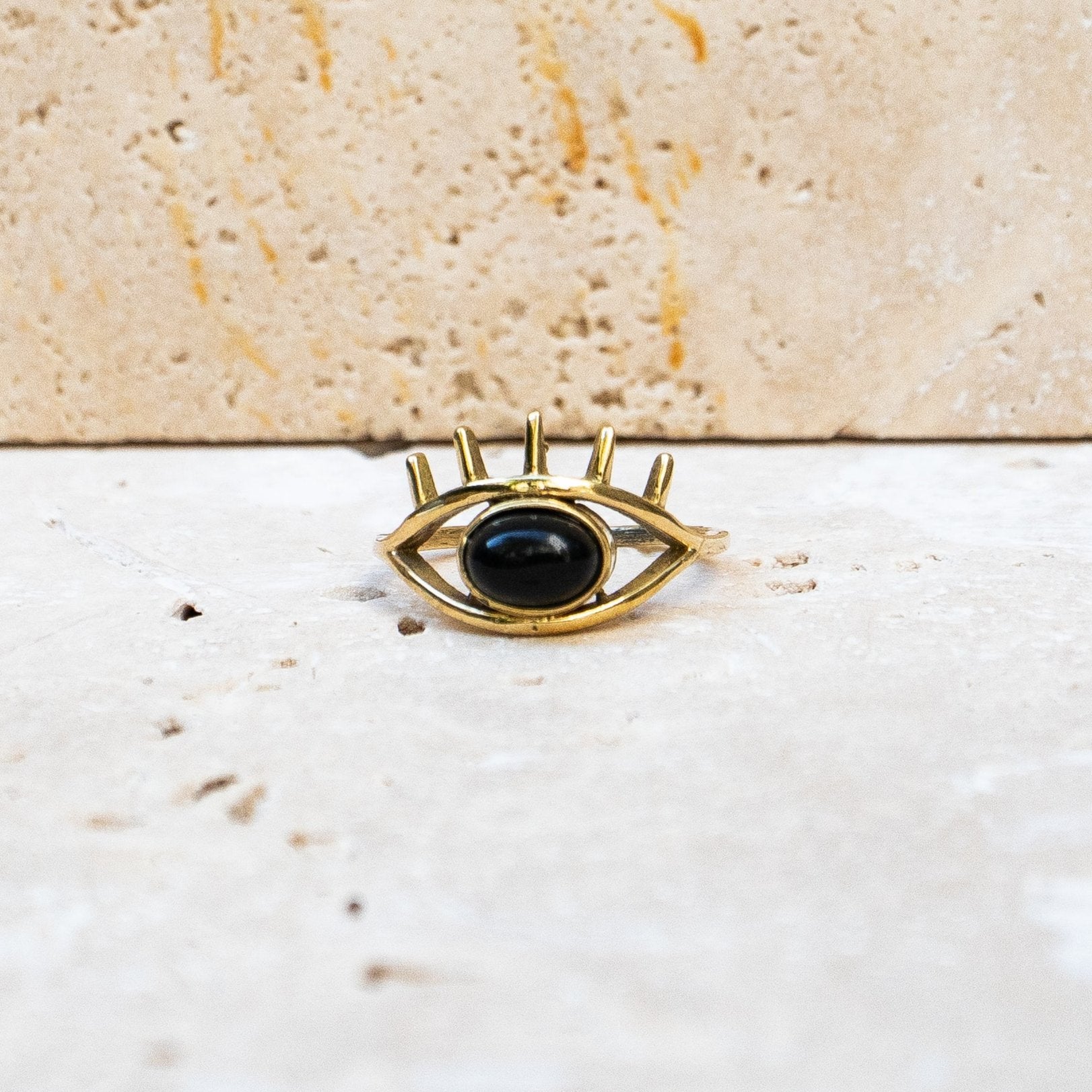 Ring with oval black onyx, eye, protection talisman eye ring gold, handmade evil eye