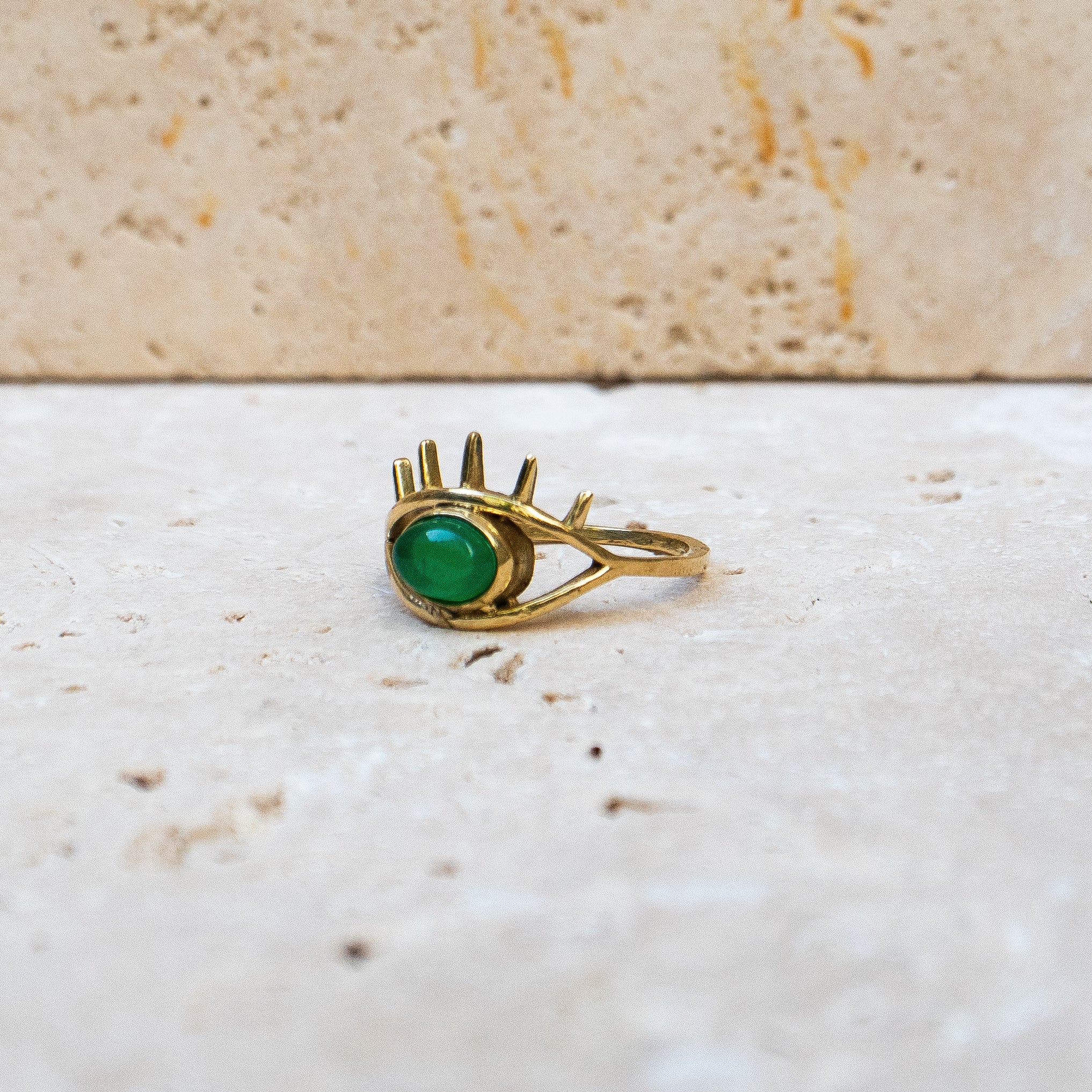 Ring with oval green onyx, eye, protection talisman eye ring gold, handmade evil eye