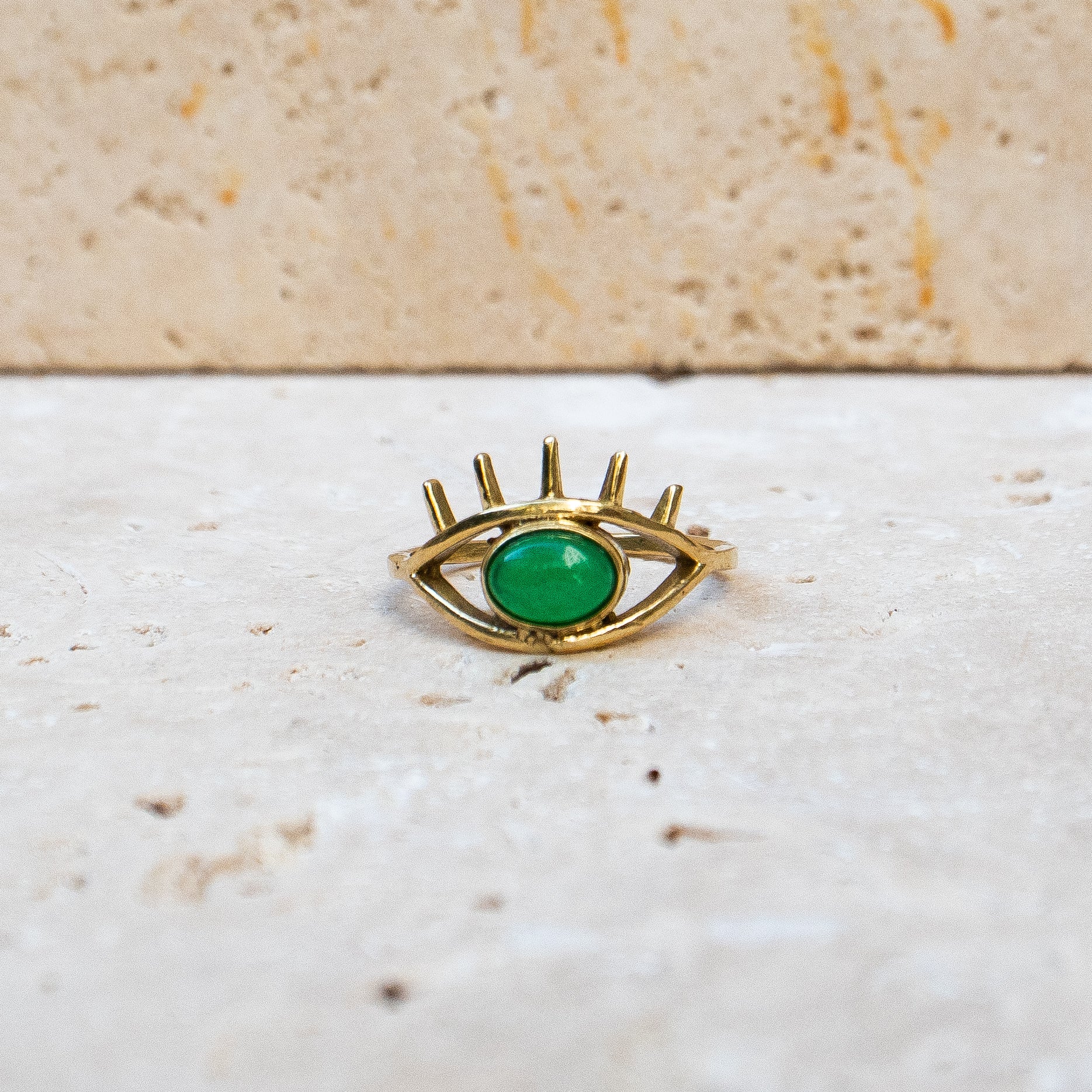 Ring with oval green onyx, eye, protection talisman eye ring gold, handmade evil eye