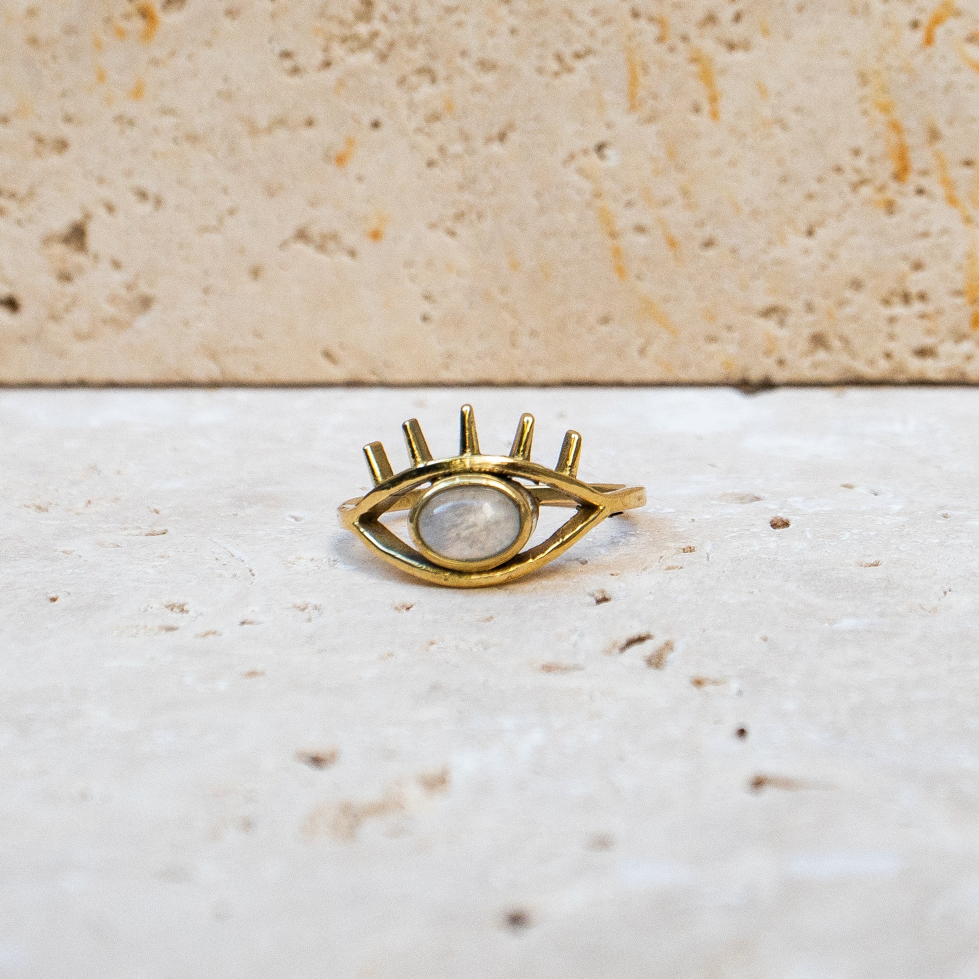 Ring with oval moonstone, eye, protection talisman eye ring gold handmade evil eye