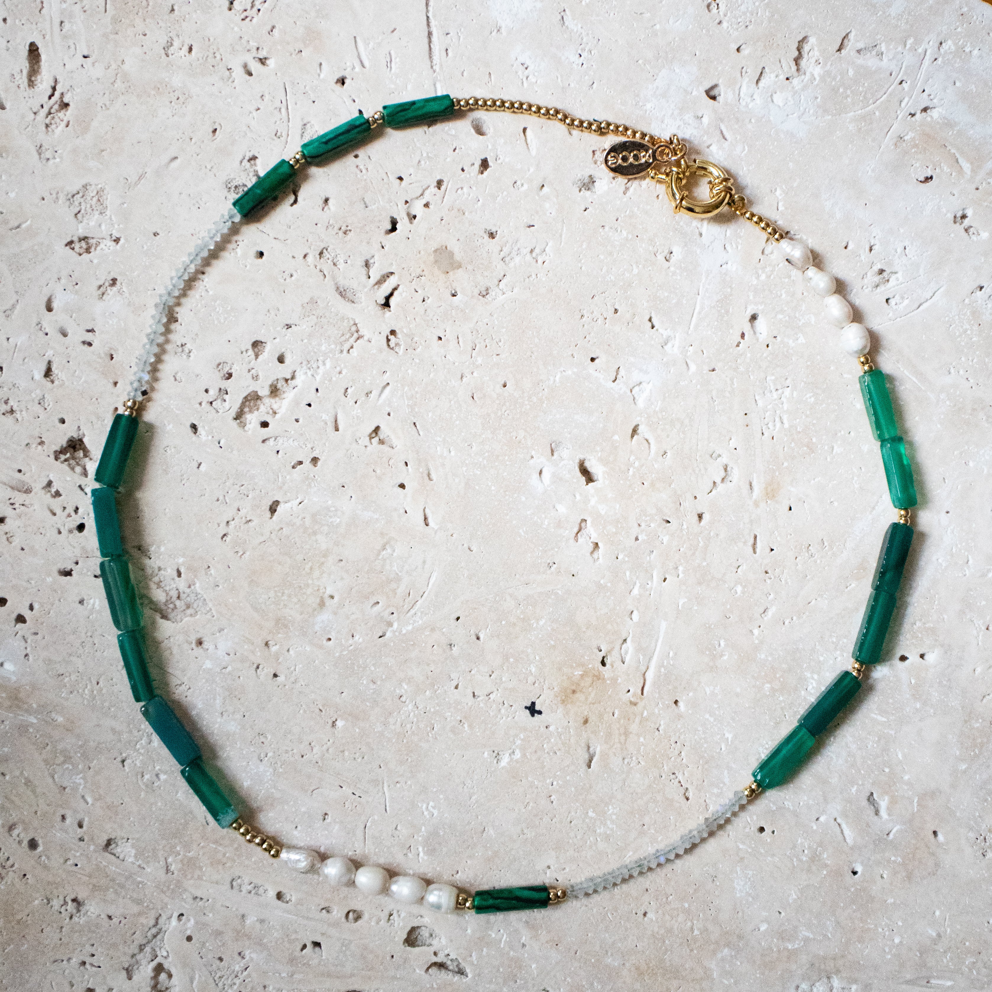 One of a kind: Pearl necklace Malachite, Moonstone, Sfreshwater pearl handmade