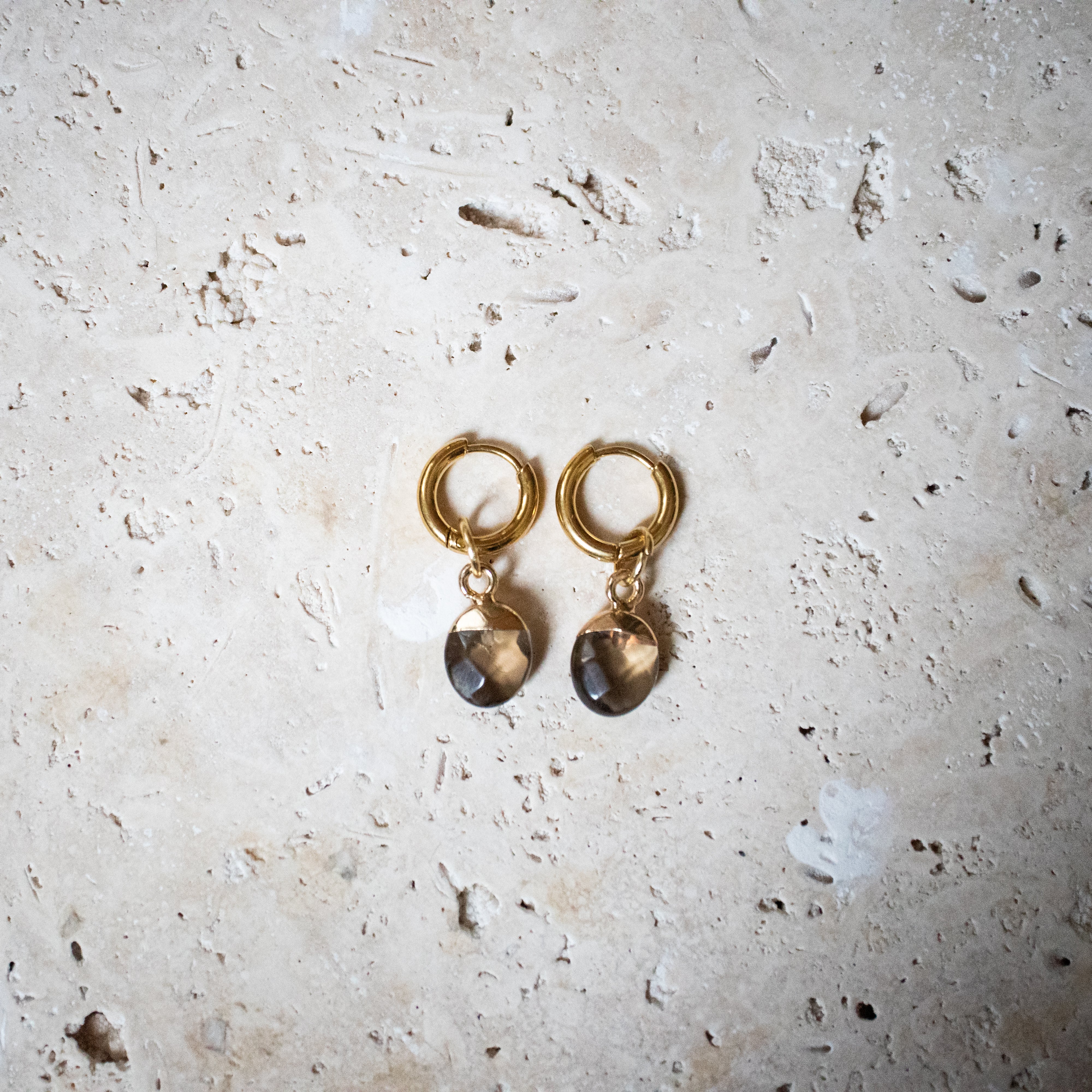 Huggies Hoop Earrings with Smoky Quartz Handmade Gold Plated (Copy)