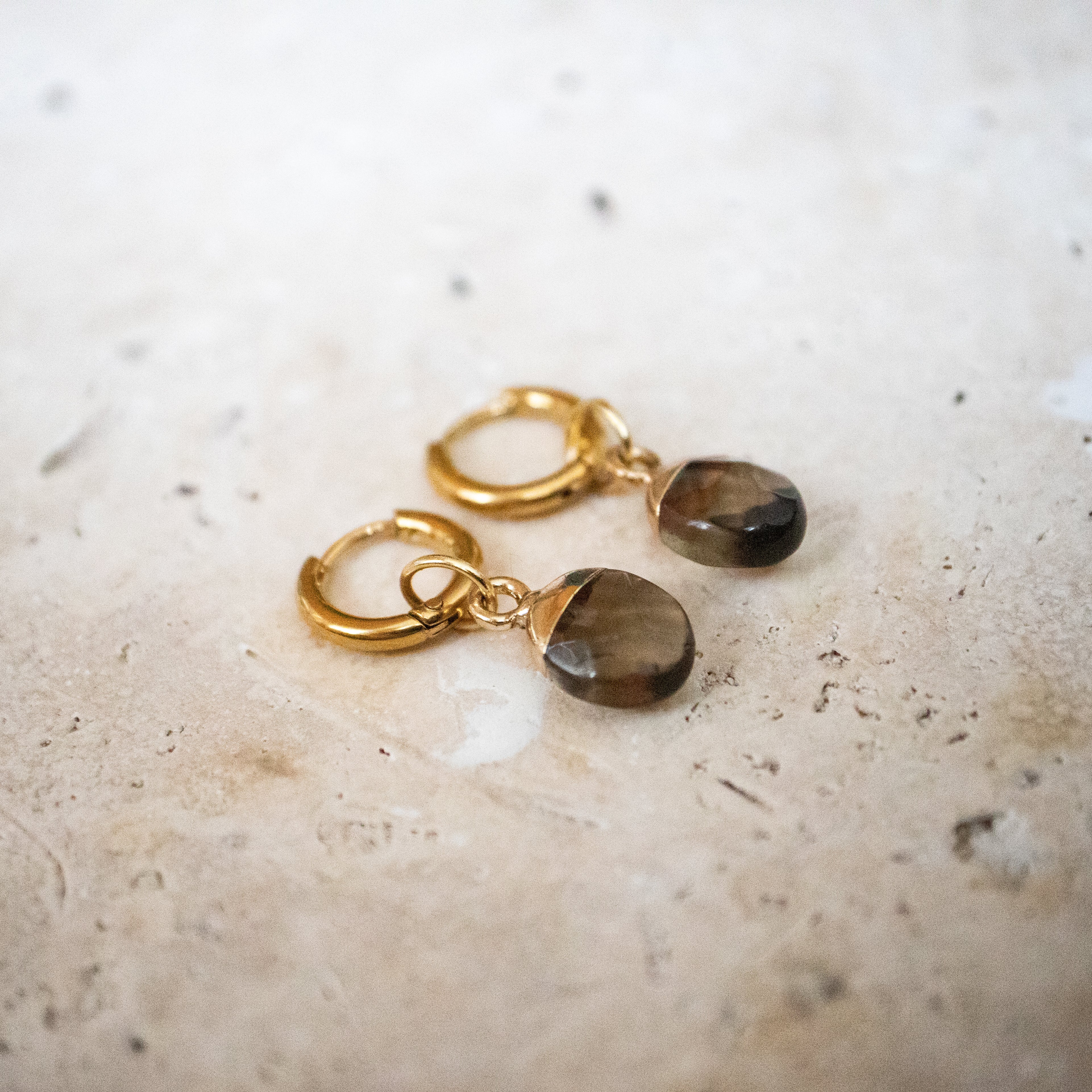 Huggies Hoop Earrings with Smoky Quartz Handmade Gold Plated (Copy)