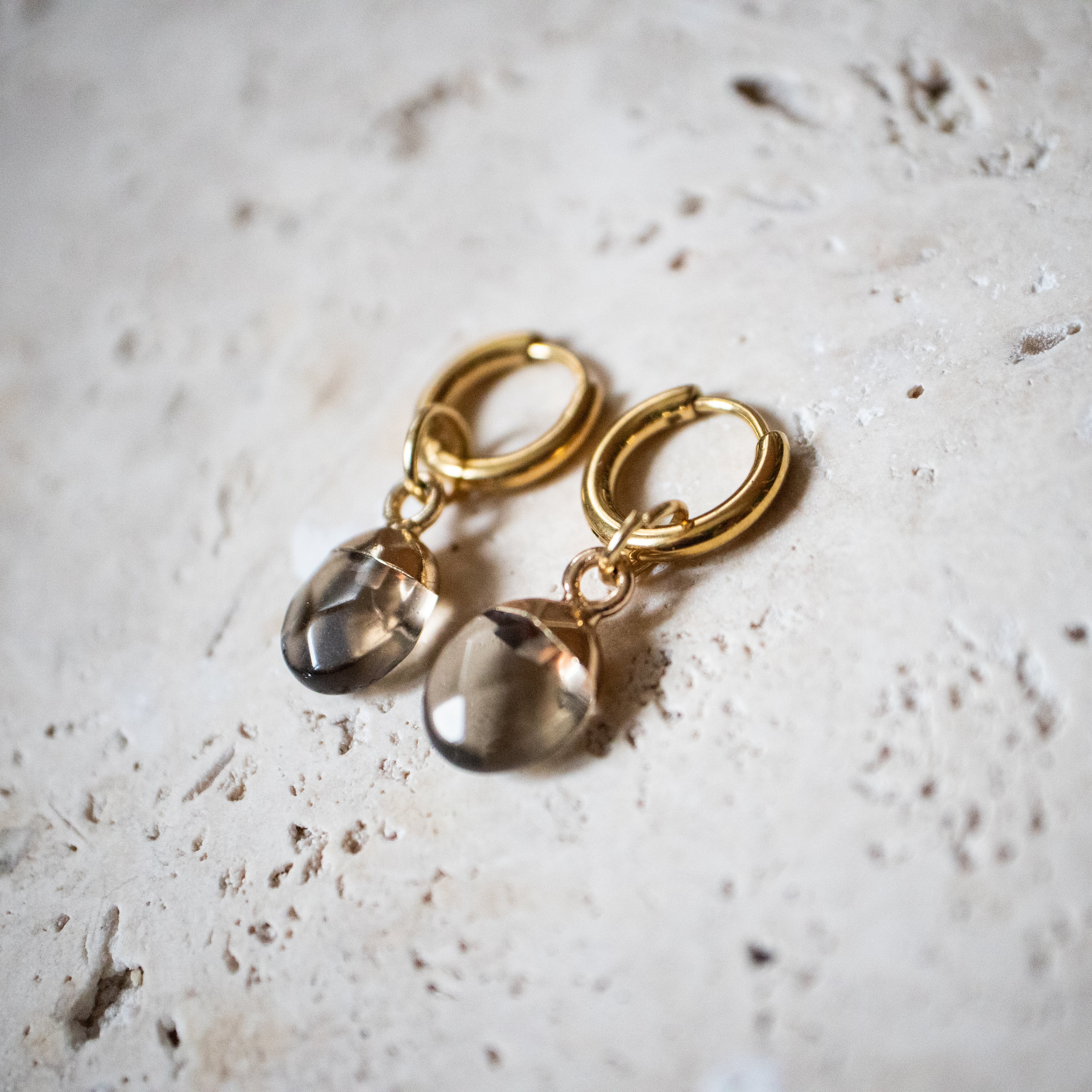 Huggies Hoop Earrings with Smoky Quartz Handmade Gold Plated (Copy)