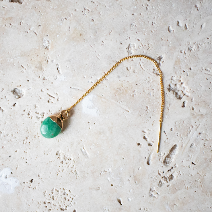 Earring threader with green jade gemstone gold plated teardrop - earring hanging earring