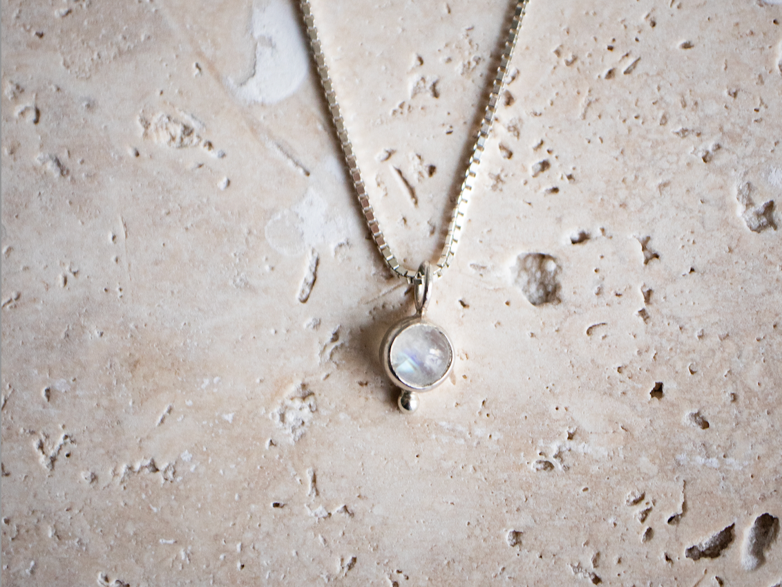 Dainty necklace made of 925 sterling silver with round rainbow moonstone handmade