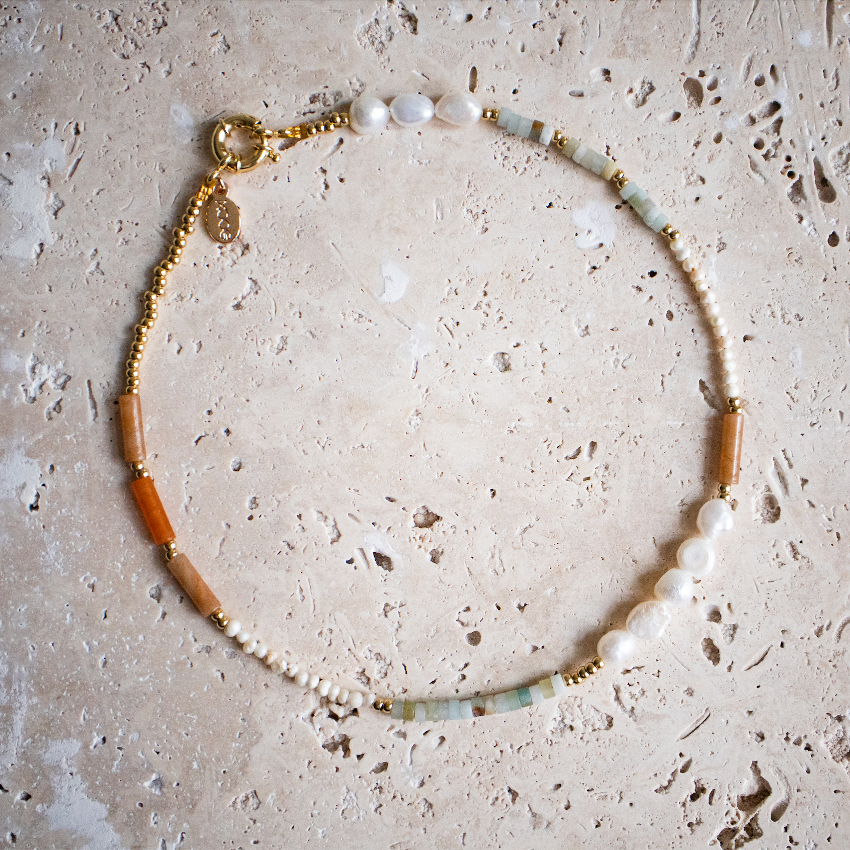 Handmade playful pearl necklace - necklace orange gold white blue gold plated / necklace with freshwater pearls, amazonite and red aventurine