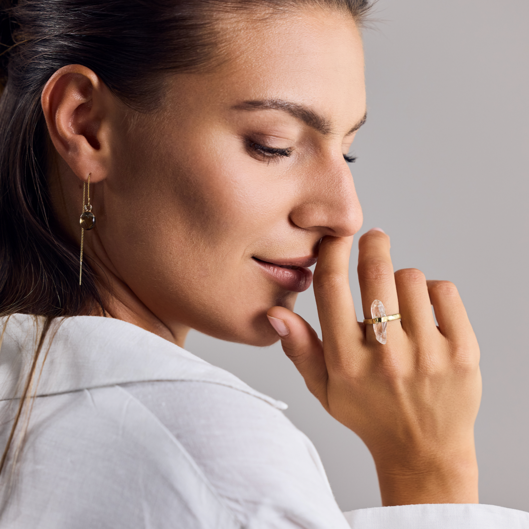 Raw rock crystal quartz ring gold