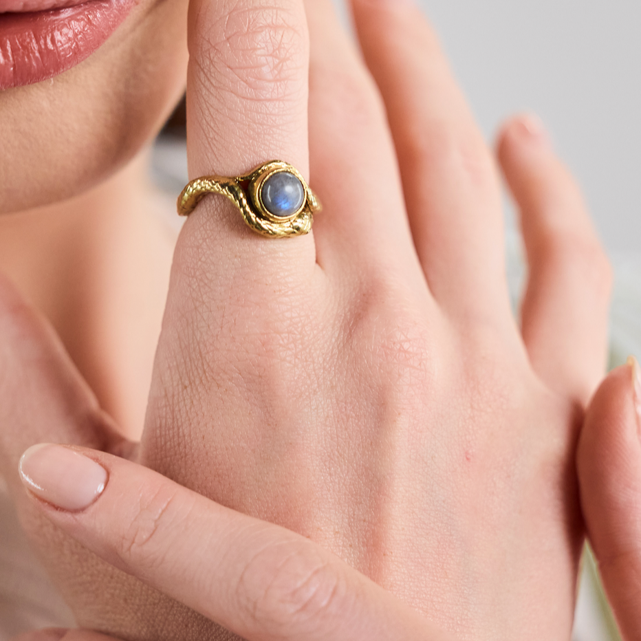 Snake ring gold labradorite asymmetrical handmade