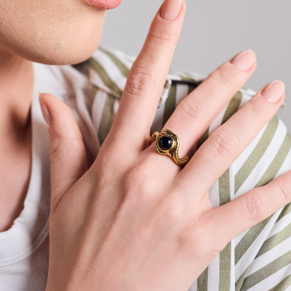 Snake ring gold black onyx asymmetric handmade