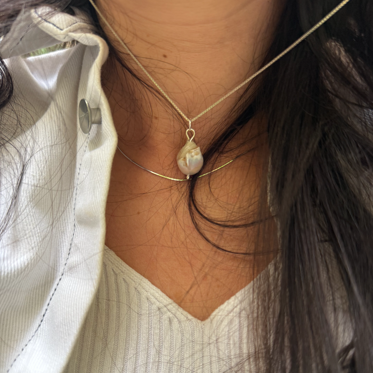 Zarte Silberkette mit großer Barokperle - Minimalistische Gliederkette mit Perlen Anhänger - Nooe UG