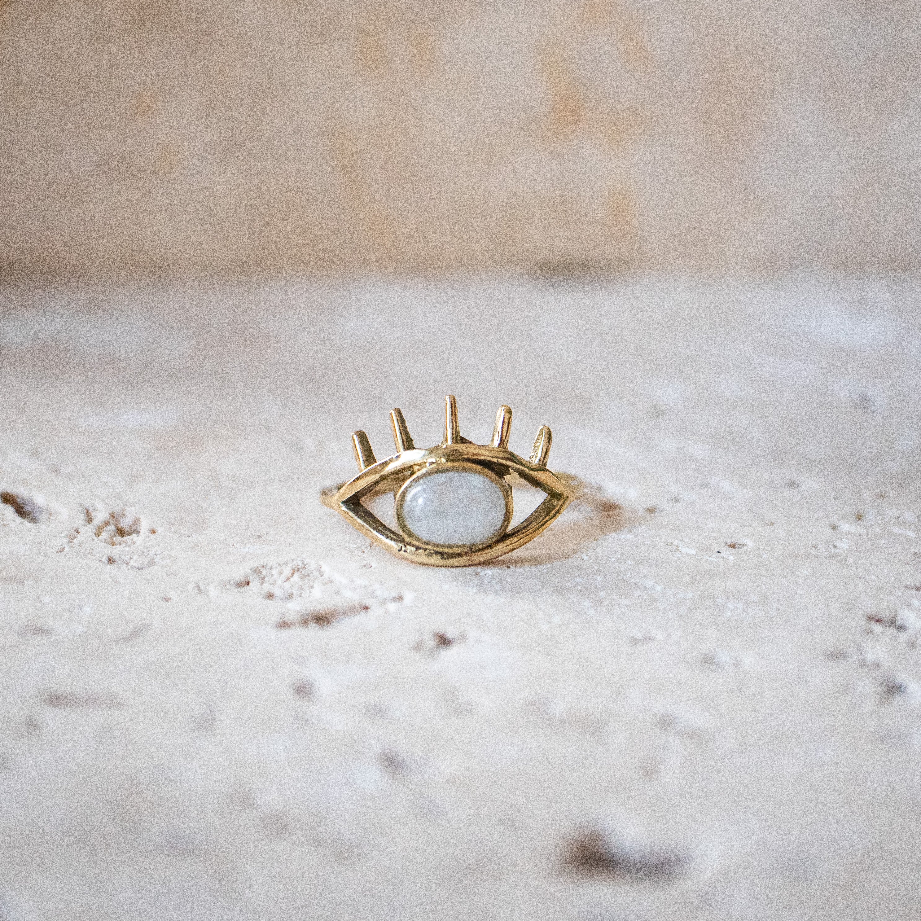 Ring with oval moonstone, eye, protection talisman eye ring gold handmade evil eye