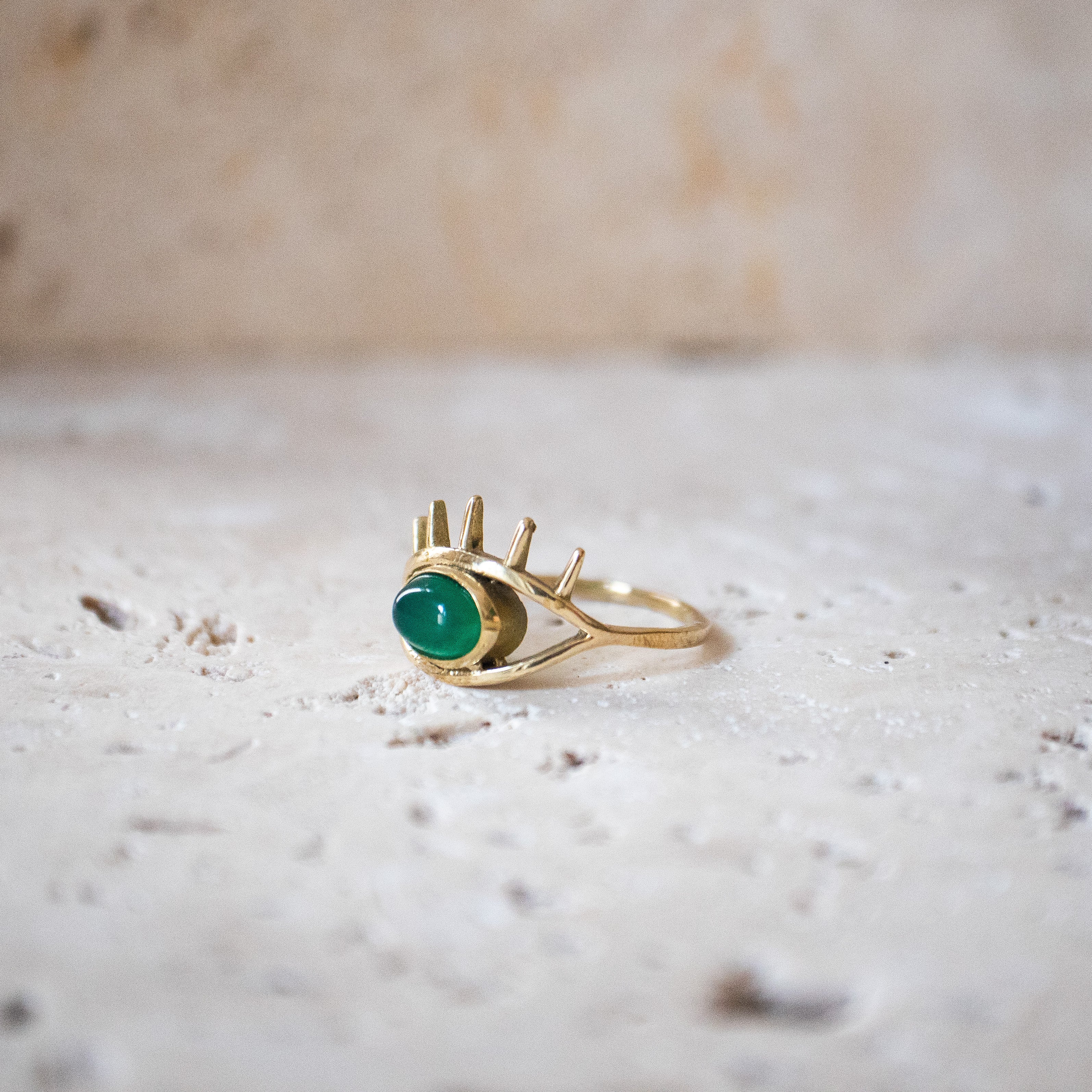 Ring with oval green onyx, eye, protection talisman eye ring gold, handmade evil eye