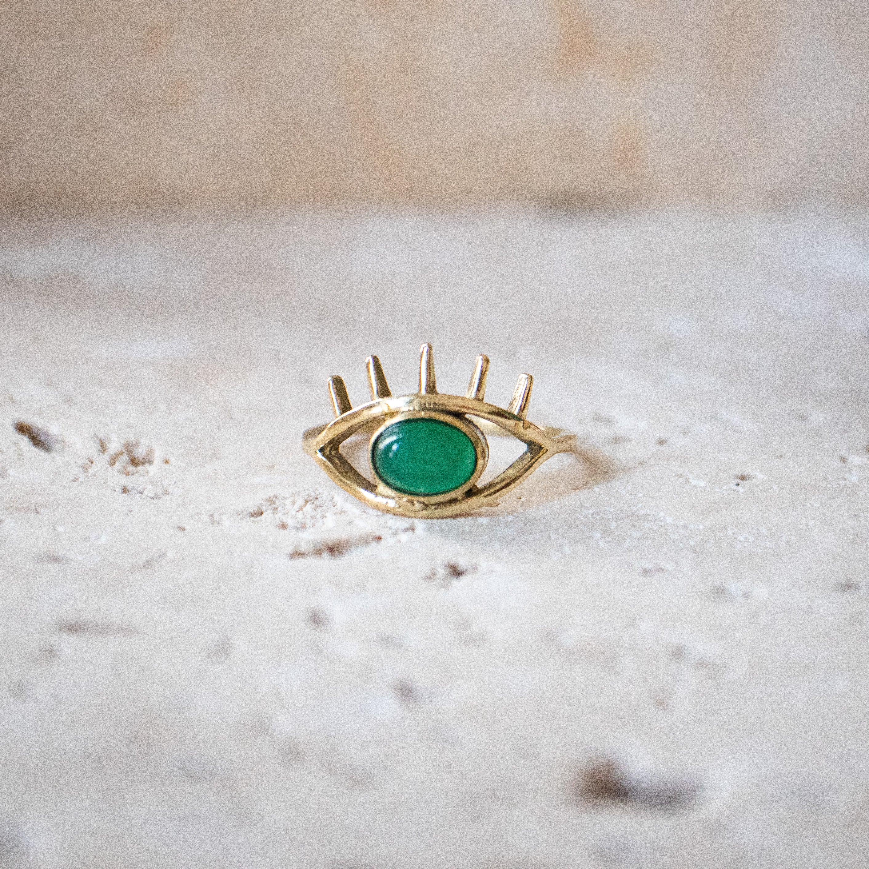 Ring with oval green onyx, eye, protection talisman eye ring gold, handmade evil eye