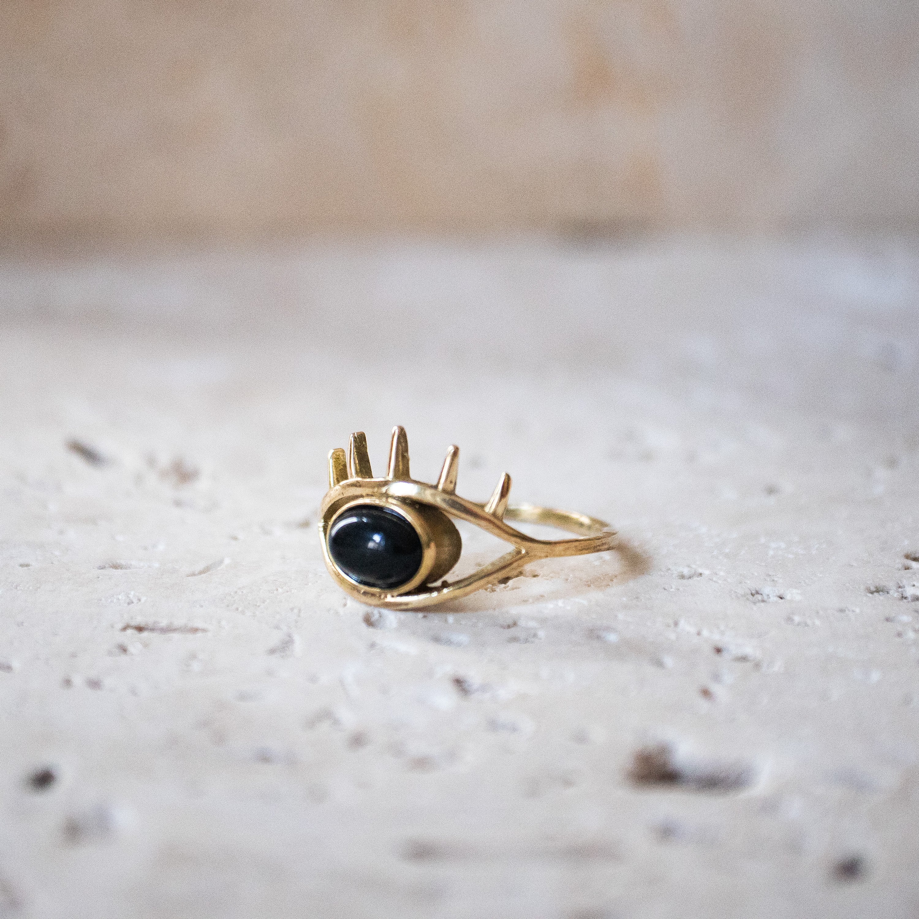 Ring with oval black onyx, eye, protection talisman eye ring gold, handmade evil eye