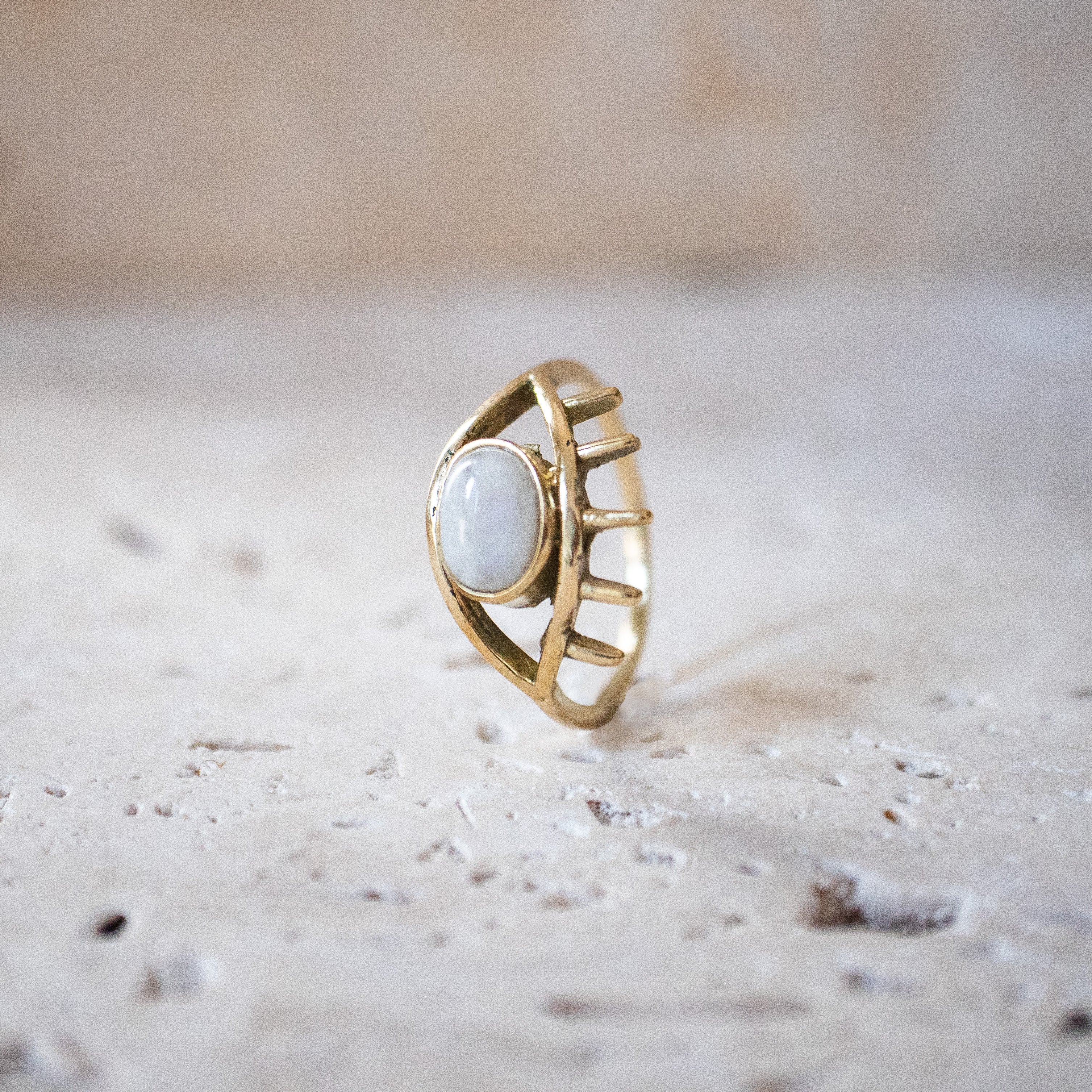 Ring with oval moonstone, eye, protection talisman eye ring gold handmade evil eye