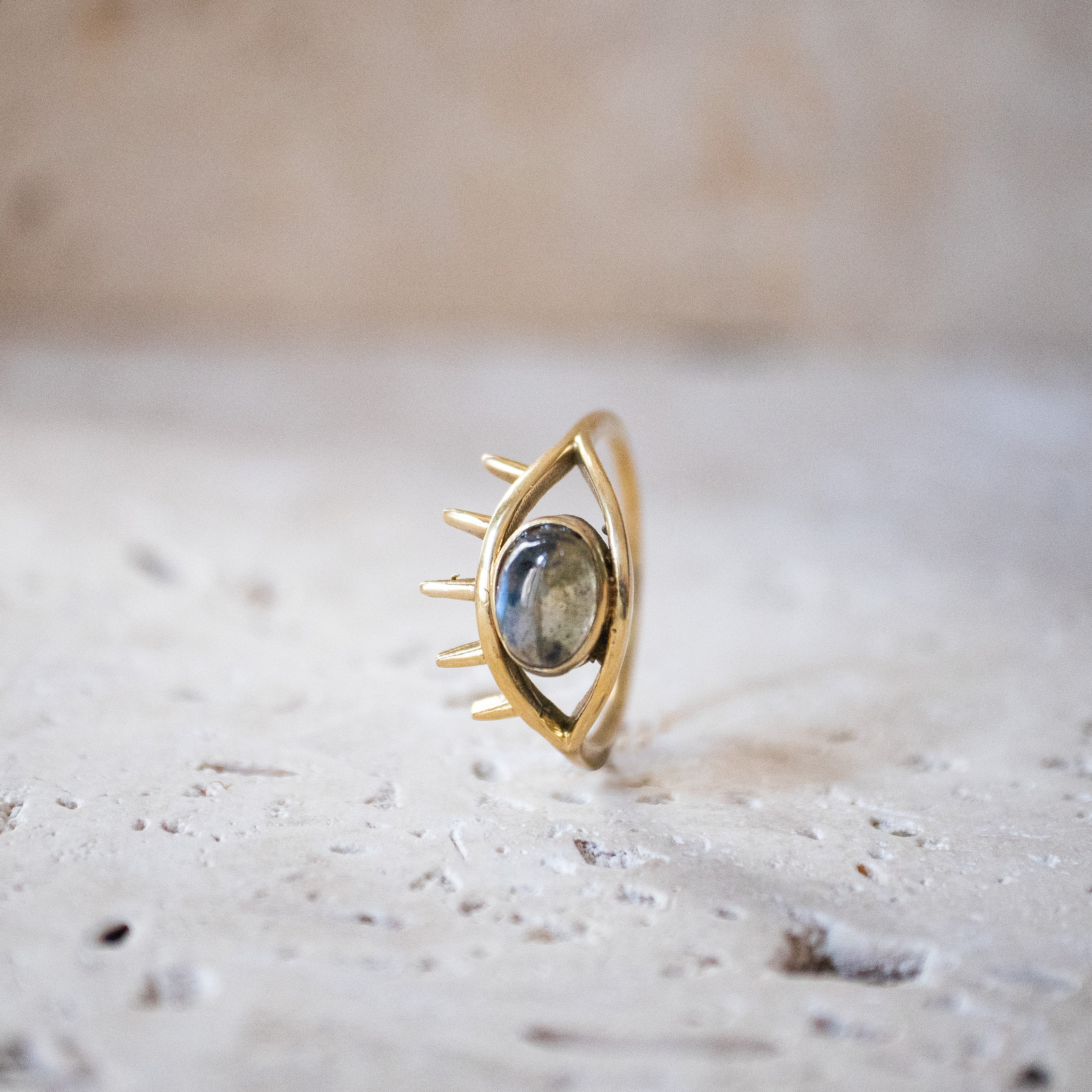 Ring with oval labradorite, eye, protection talisman eye ring gold, handmade evil eye