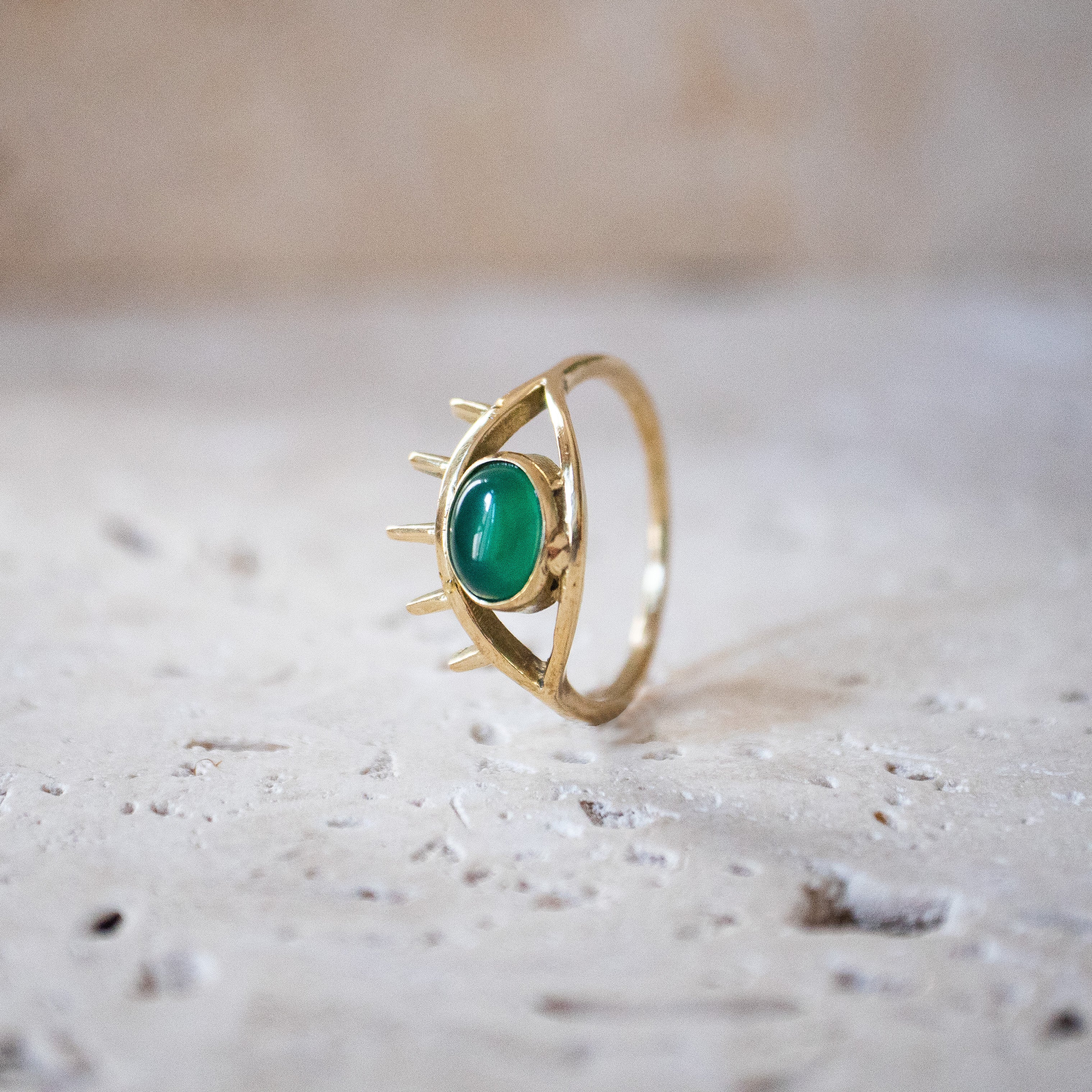 Ring with oval green onyx, eye, protection talisman eye ring gold, handmade evil eye