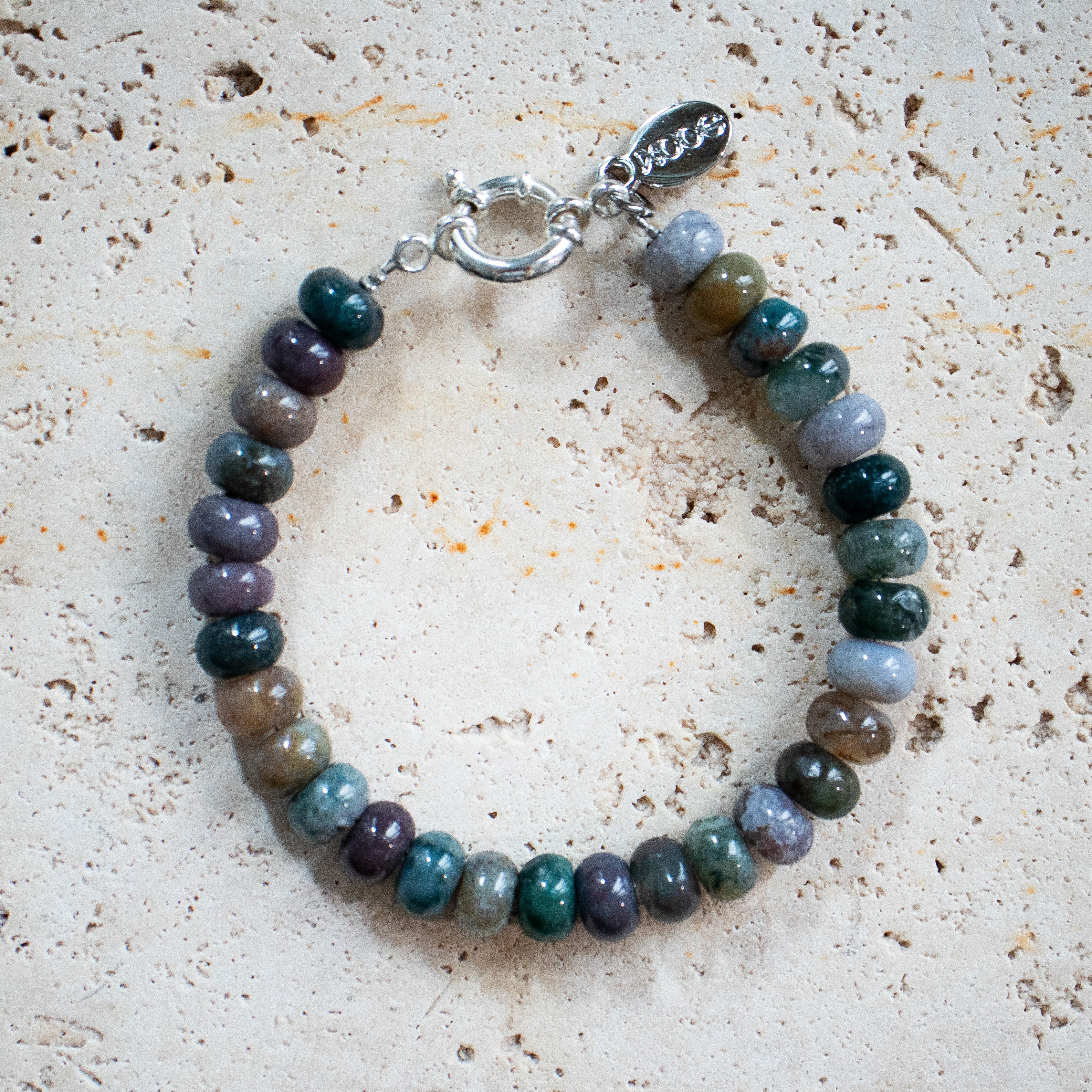 Bracelet en agate indienne verte avec fermoir en argent sterling 925