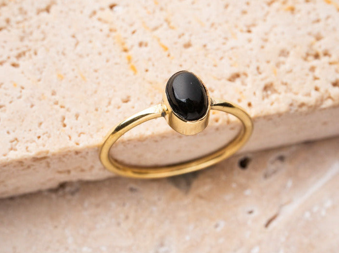 Black oval petite onyx ring gold