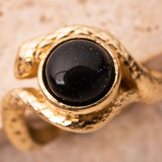 Snake ring gold black onyx asymmetric handmade