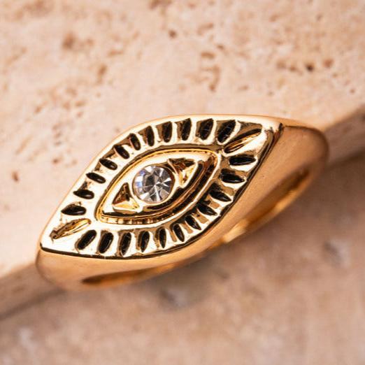 Eye protection ring, evil eye signet ring gold with fine zircon