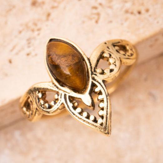 Eye crown ring with tiger eye gold handmade