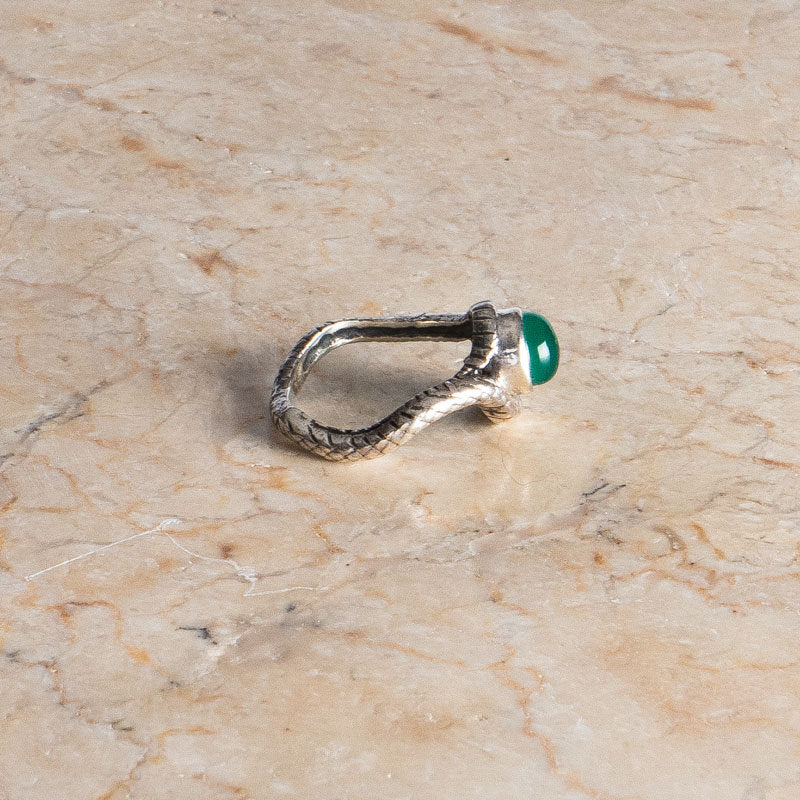 Schlangen Ring aus 925 Sterling Silber Grüner Onyx asymmetrisch