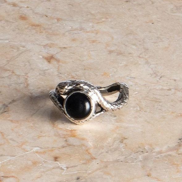 Schlangen Ring aus 925 Sterling Silber Schwarzer Onyx asymmetrisch