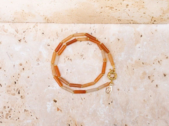 Perlenkette roter Aventurin Säule gold oder silber handgemacht orange