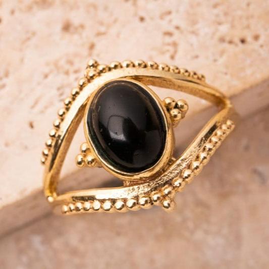 Boho Ring Auge mit schwarzem Onyx gold handgemacht