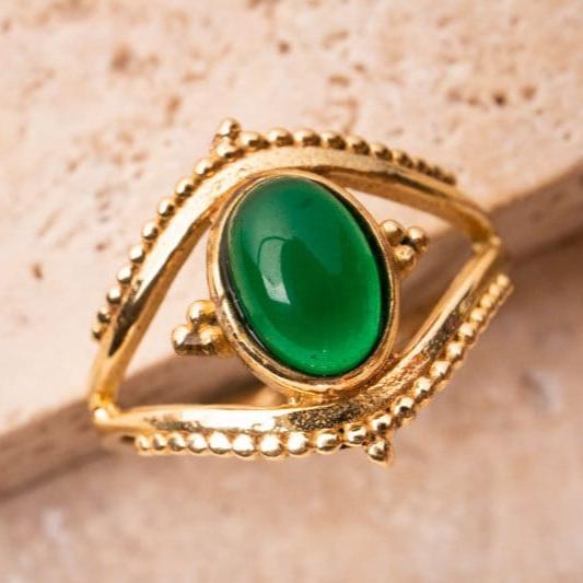 Boho Ring Auge mit grünem Onyx gold handgemacht