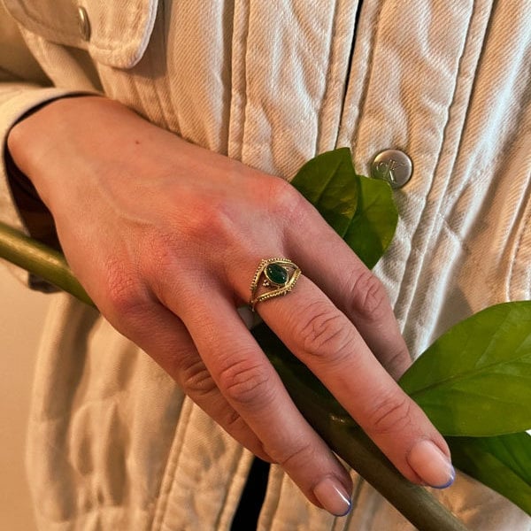 Boho Ring Auge mit grünem Onyx gold handgemacht