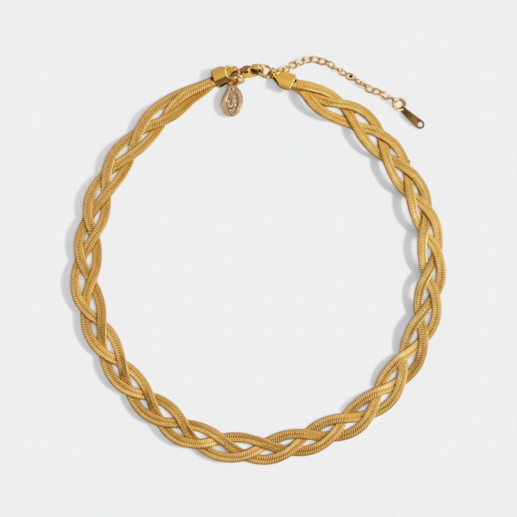 Nooe UG gold-plated choker necklace with a triple braided herringbone design, 40-45 cm adjustable.