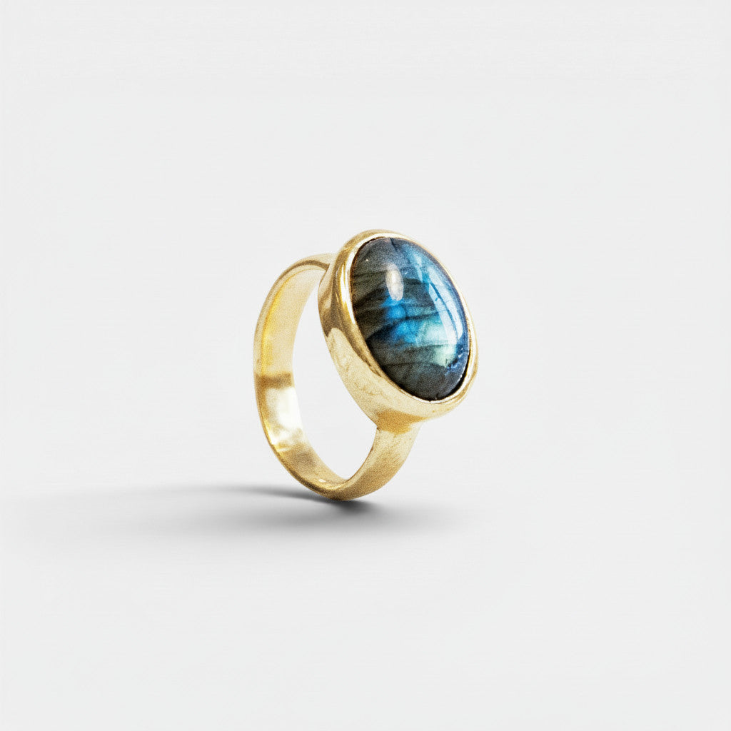 Nooe UG large oval labradorite ring with blue and green flashes, set in gold-tone brass. Handmade.