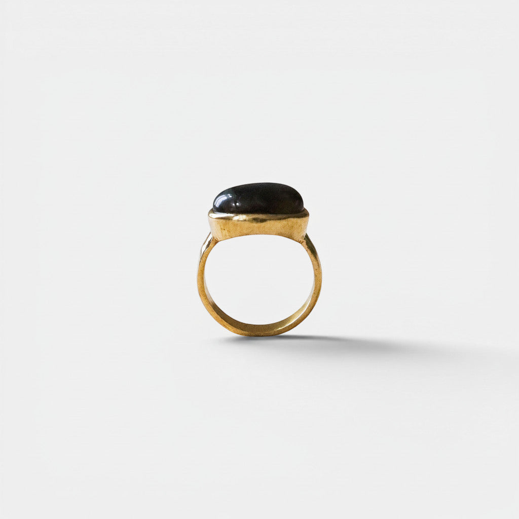 Nooe UG large oval black onyx ring in gold-plated brass, handmade statement piece.
