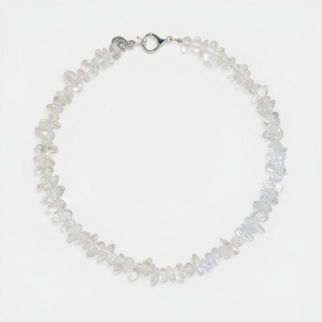 Nooe Berlin clear natural rock crystal chip necklace with 925 sterling silver clasp. Unique gemstone jewelry.