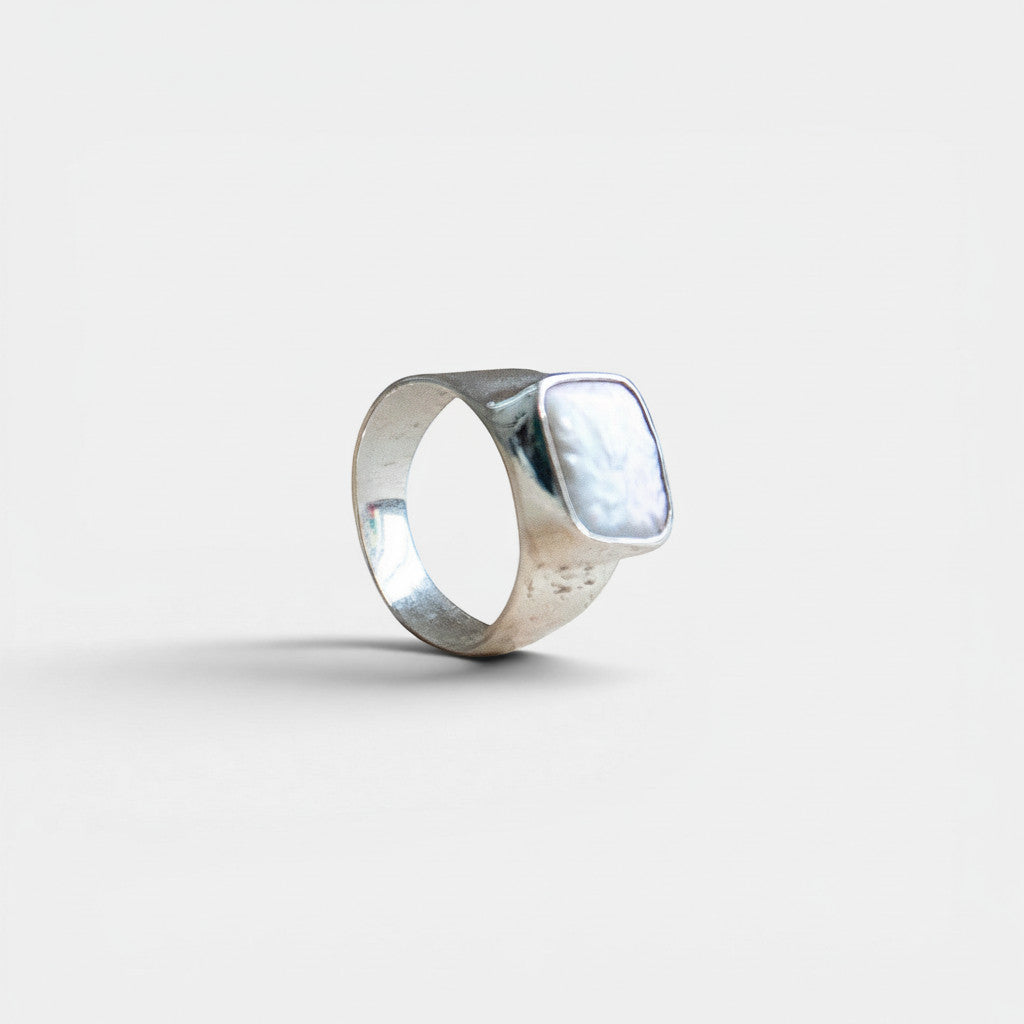 Nooe UG wide square 925 sterling silver signet ring with natural freshwater pearl.
