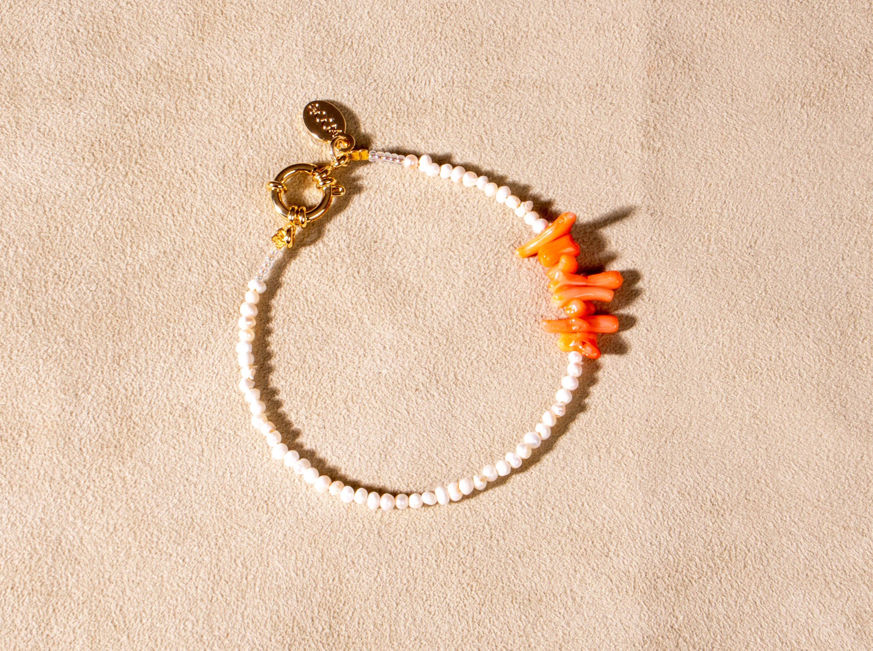 Süßwasserperle Koralle orange Armband vergoldet handgemacht - NooeBerlin